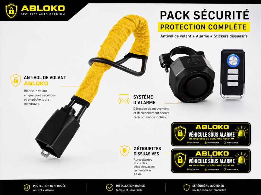 Pack Sécurité ABLOKO — antivol de volant + alarme + stickers dissuasifs, protection complète