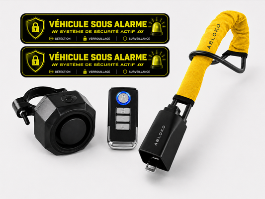 Pack Sérénité ABLOKO — câble antivol, alarme, télécommande et stickers (HD)
